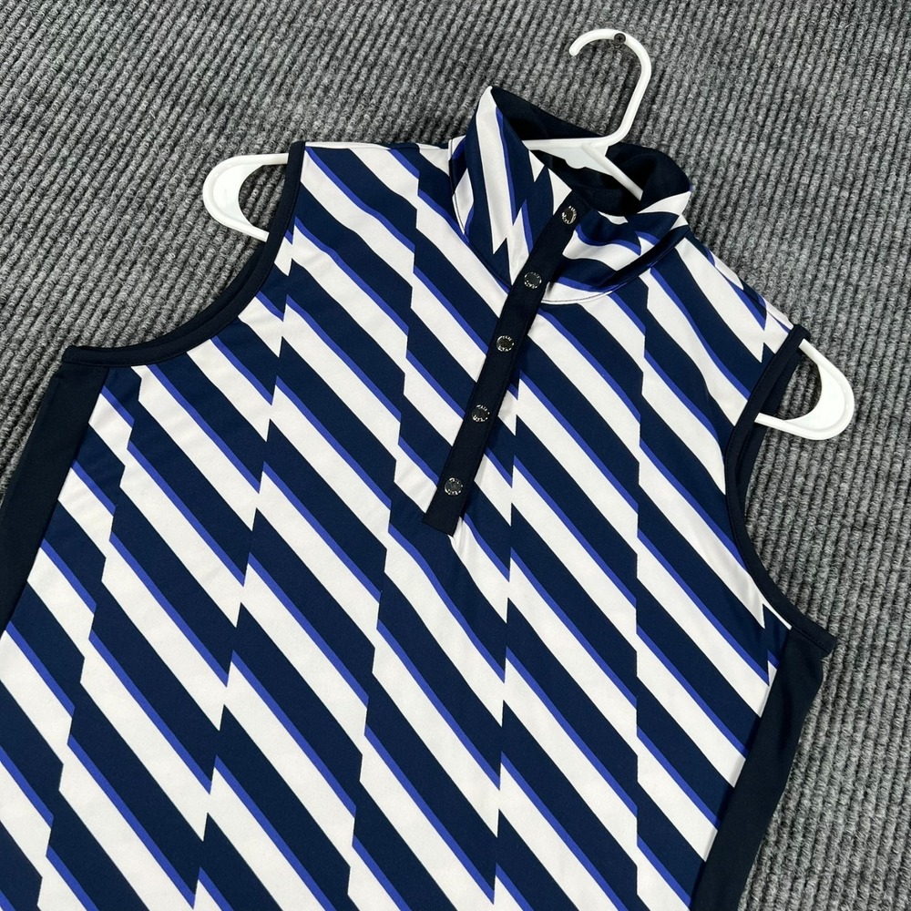 Tail Pullover Shirt Womens Small Black White Blue Striped Sleeveless 1/4 Button